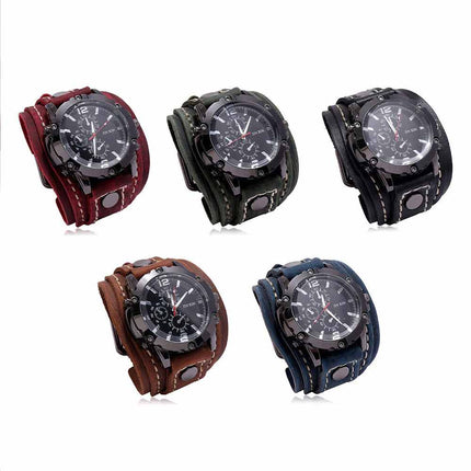 Military Retro PU Leather Strap Watch Men Punk Quartz Cuff Wristwatch