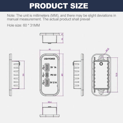 12V-24V Car Charger Dual USB+PD 3-Port Panel 36W Fast Charging