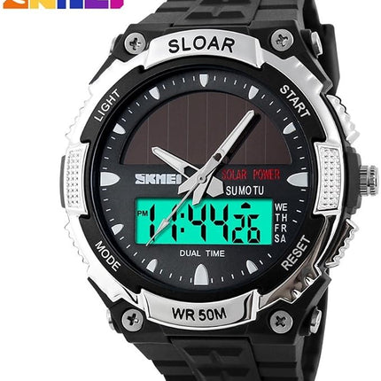 Men's Solar Sports Watch Dual Time LED Digital Waterproof Analog