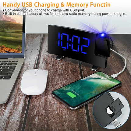 LED Projection Alarm Clock with Radio, Curved Screen Digital