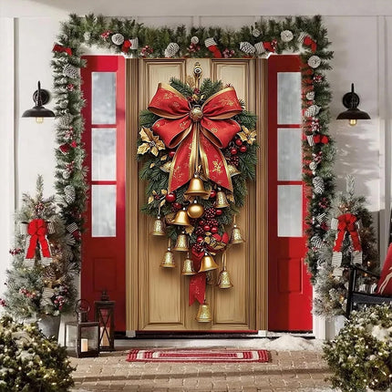 Christmas Ornament Door Cover Bells Wreath Wall Party Decor Cloth 180x90cm