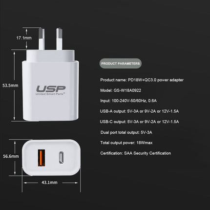 20W Dual USB-A Type-C Fast Charger Adaptor QC3.0 for iPhone Android SAA
