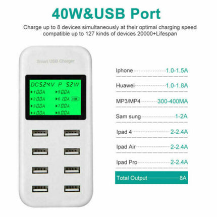 8 Port USB Charging Station Hub Multi Dock Phone Charger Power Adapter