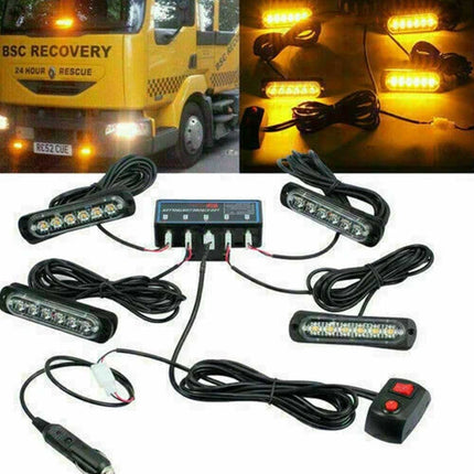 4x 6 LED Amber Strobe Marker Light Bar Flashing Beacon for Car 12V