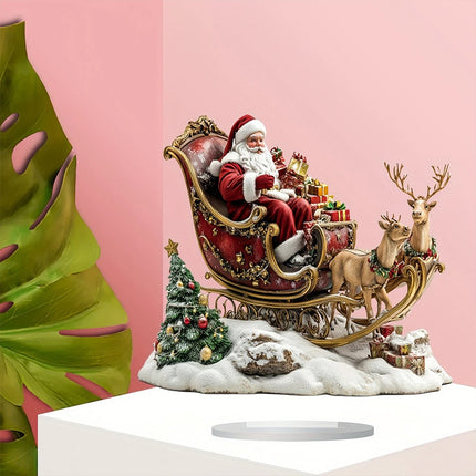 2D Santa & Reindeer Sleigh Flat Acrylic Ornament w/ Stand Desktop Decor