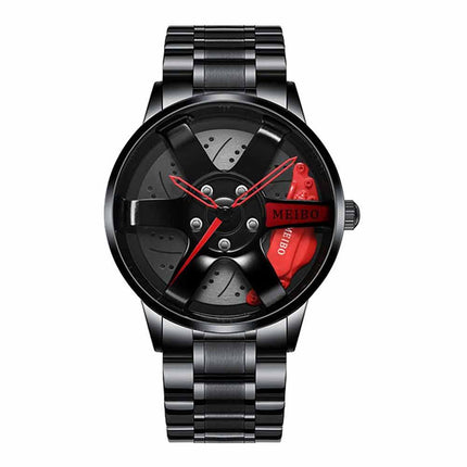 Mens Quartz Car Wheel Design Watch, Sporty Mesh Rim Wristwatch