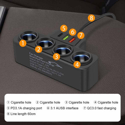 4 Way 12V 24V Car USB Charger Splitter Cigarette Lighter Power Adapter