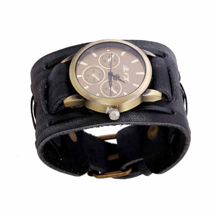 Retro Punk Leather Cuff Watch – Wide Band Quartz Wristwatch for Men