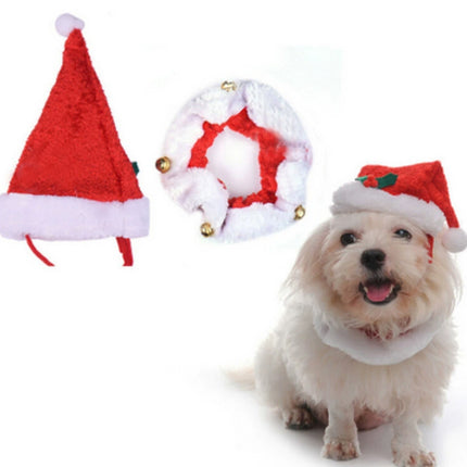 2PC Santa Dog Cat Puppy Hat & Collar Set Christmas Pet Dress Up Outfit
