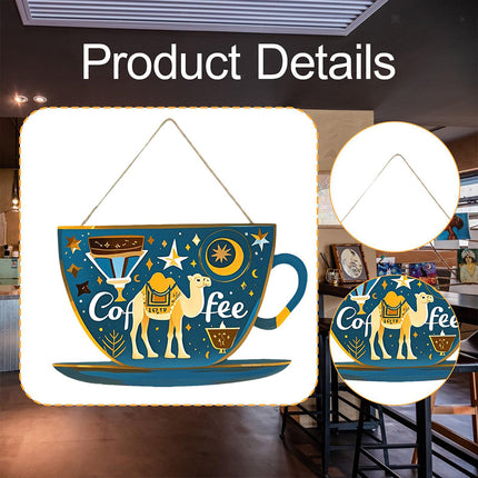 Coffee Bar Door Sign with Rope, Rustic Wooden Cup Plaque Wall Decor