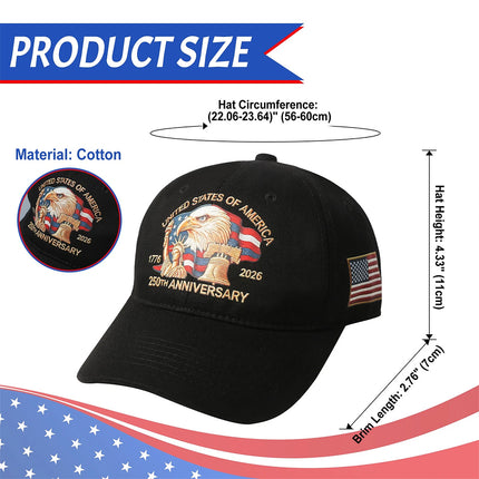 USA 250th Anniversary Baseball Cap, Statue of Liberty Eagle Adjustable Hat Black