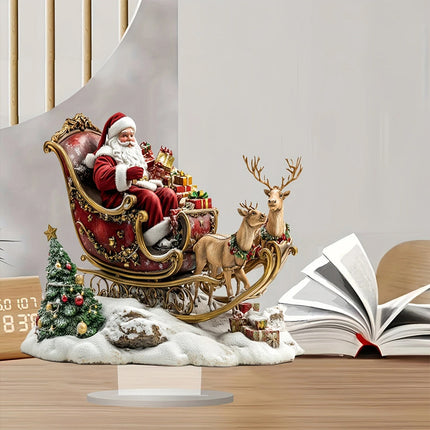 2D Santa & Reindeer Sleigh Flat Acrylic Ornament w/ Stand Desktop Decor