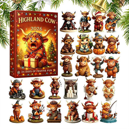Highland Cow Xmas Advent Calendar 2026, 24 Day Acrylic 2D Figure Gift