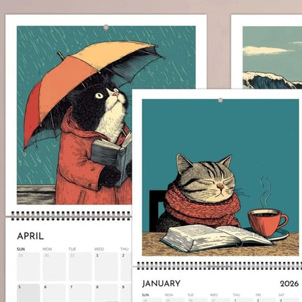 2026 Cats Chillin with Books Wall Calendar Cat Themed Illustration Planner