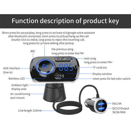 Handsfree Bluetooth 5.0 FM Car Radio MP3 Player USB Charger Adapter