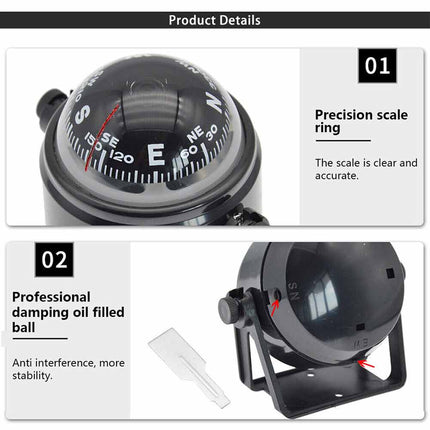 Marine Compass with Mount for Boat Ship Vehicle Outdoor Car Navigation Tool