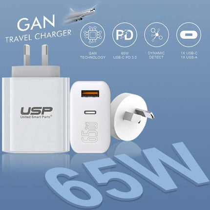 65W GaN Fast Charger QC3.0 PD3.0 Type-C AU Plug for iPad MacBook Laptop Phone
