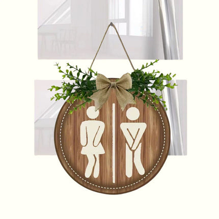 Wooden Toilet Sign Round Hanging Bathroom Door Plaque Wall Decor 23cm