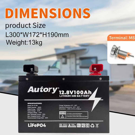 Autory 12.8V 100Ah LiFePO4 Lithium Battery - RV Metal Case Mount Bracket Kit