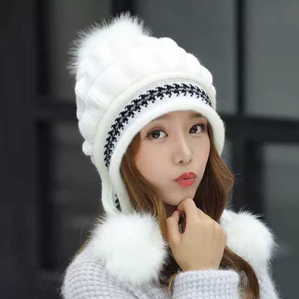 Women's Knitted Beanie Bobble Hat Ear Flap Pom Pom Ski Cap Warm White