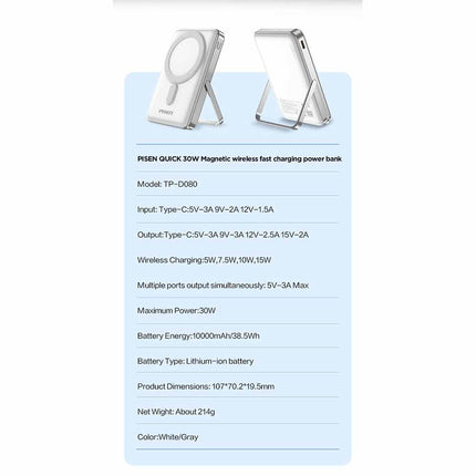PISEN 30W MagSafe Power Bank 10000mAh Wireless Fast Charging CCC Certified