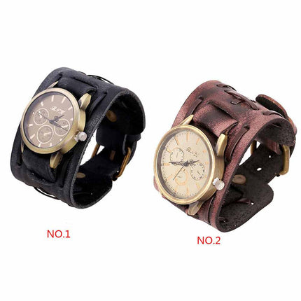 Retro Punk Leather Cuff Watch – Wide Band Quartz Wristwatch for Men