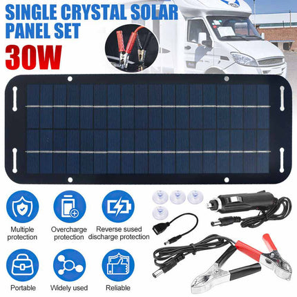 Portable 12V 30W Solar Panel Trickle Battery Charger Waterproof Boat