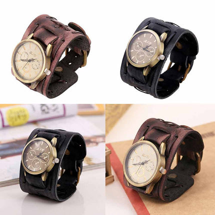 Retro Punk Leather Cuff Watch – Wide Band Quartz Wristwatch for Men