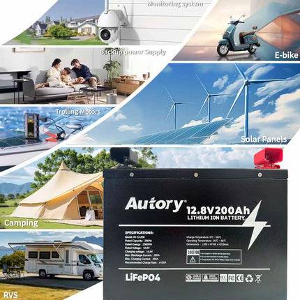 Autory 12.8V 200Ah High-Capacity LiFePO4 Battery - RV Metal Case Mount Bracket