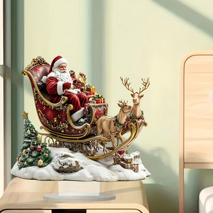 2D Santa & Reindeer Sleigh Flat Acrylic Ornament w/ Stand Desktop Decor