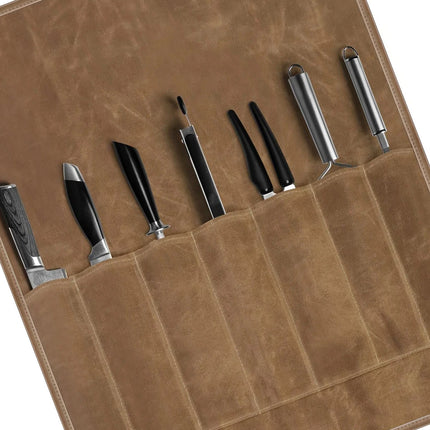Canvas Chef Knife Roll Up Bag Khaki Portable Kitchen Knife Storage Organizer