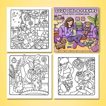 Cozy Girl & Friends Adult Coloring Book – Bold & Easy Patterns for Stress Relief