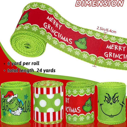 4 Rolls 6 Yards Christmas Green Craft Ribbon Decoration Wrapping Ribbon