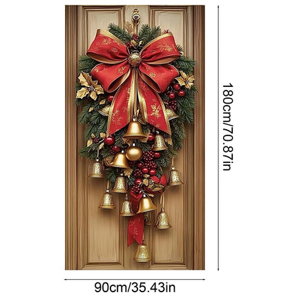 Christmas Ornament Door Cover Bells Wreath Wall Party Decor Cloth 180x90cm