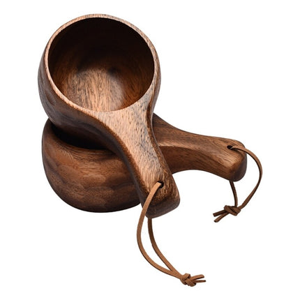 Finnish Kuksa Mug Portable Acacia Wood Handle Cowhide Rope Hook Cup