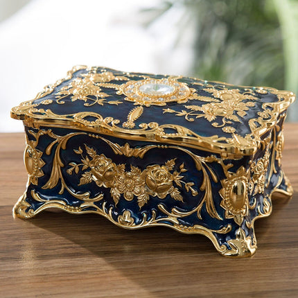 Retro Blue Jewelry Box Trinket Organizer, Alloy Ring Necklace Storage Box