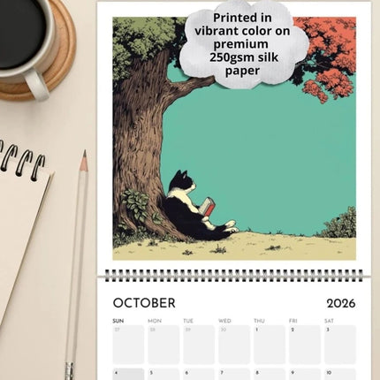 2026 Cats Chillin with Books Wall Calendar Cat Themed Illustration Planner