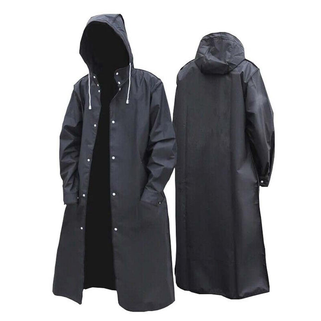 Waterproof Long Men's Raincoat, Black Hooded Trench Jacket for Hiking