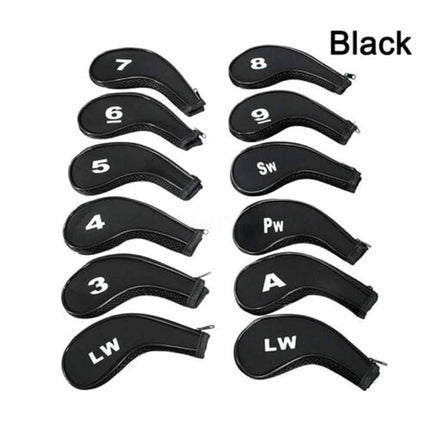 12 Pack Golf Iron Head Covers, Neoprene Long Neck Zipper 3-9 A SW PW LW