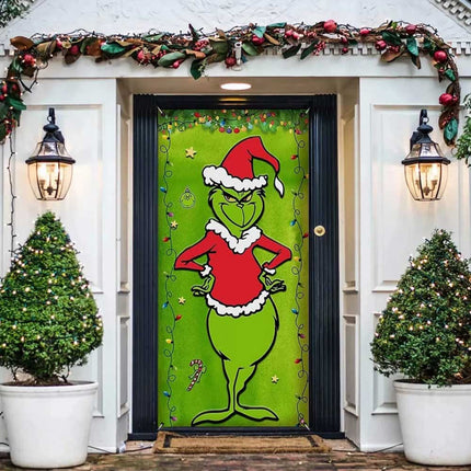 90x200cm Grinch Green Christmas Door Cover Merry Porch Sign Decor