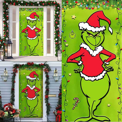 90x200cm Grinch Green Christmas Door Cover Merry Porch Sign Decor