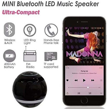Portable Bluetooth Sphere Speaker, Mini LED Light, Outdoor USB Rechargeable