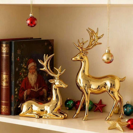 2Pcs Gold Reindeer Statues, Xmas Figurines Holiday Table Centerpiece Decor