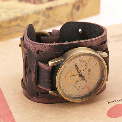 Retro Punk Leather Cuff Watch – Wide Band Quartz Wristwatch for Men