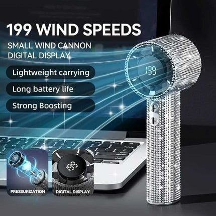 S5 Full White Diamond Handheld LED Turbo Fan 199 Gears Mini Personal Fan