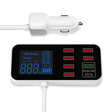 8-Port USB-C Hub Car Charger Dock with LED Display Charging Station