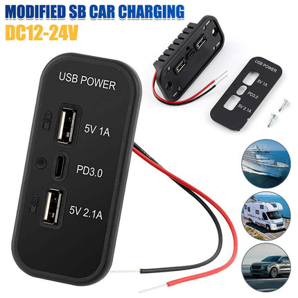12V-24V Car Charger Dual USB+PD 3-Port Panel 36W Fast Charging