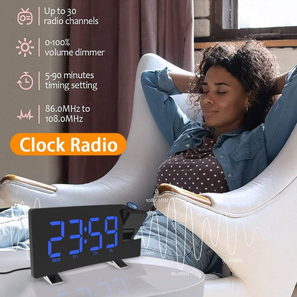 LED Projection Alarm Clock with Radio, Curved Screen Digital