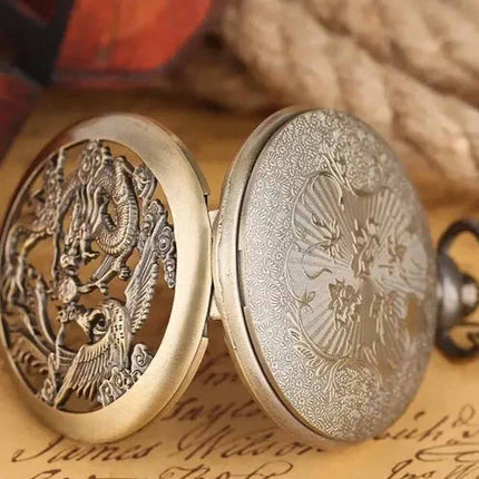 Vintage Bronze Quartz Pocket Watch with Dragon & Phoenix Chain