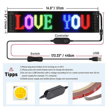 Car RGB LED Scrolling Display Sign, APP Programmable Message Board